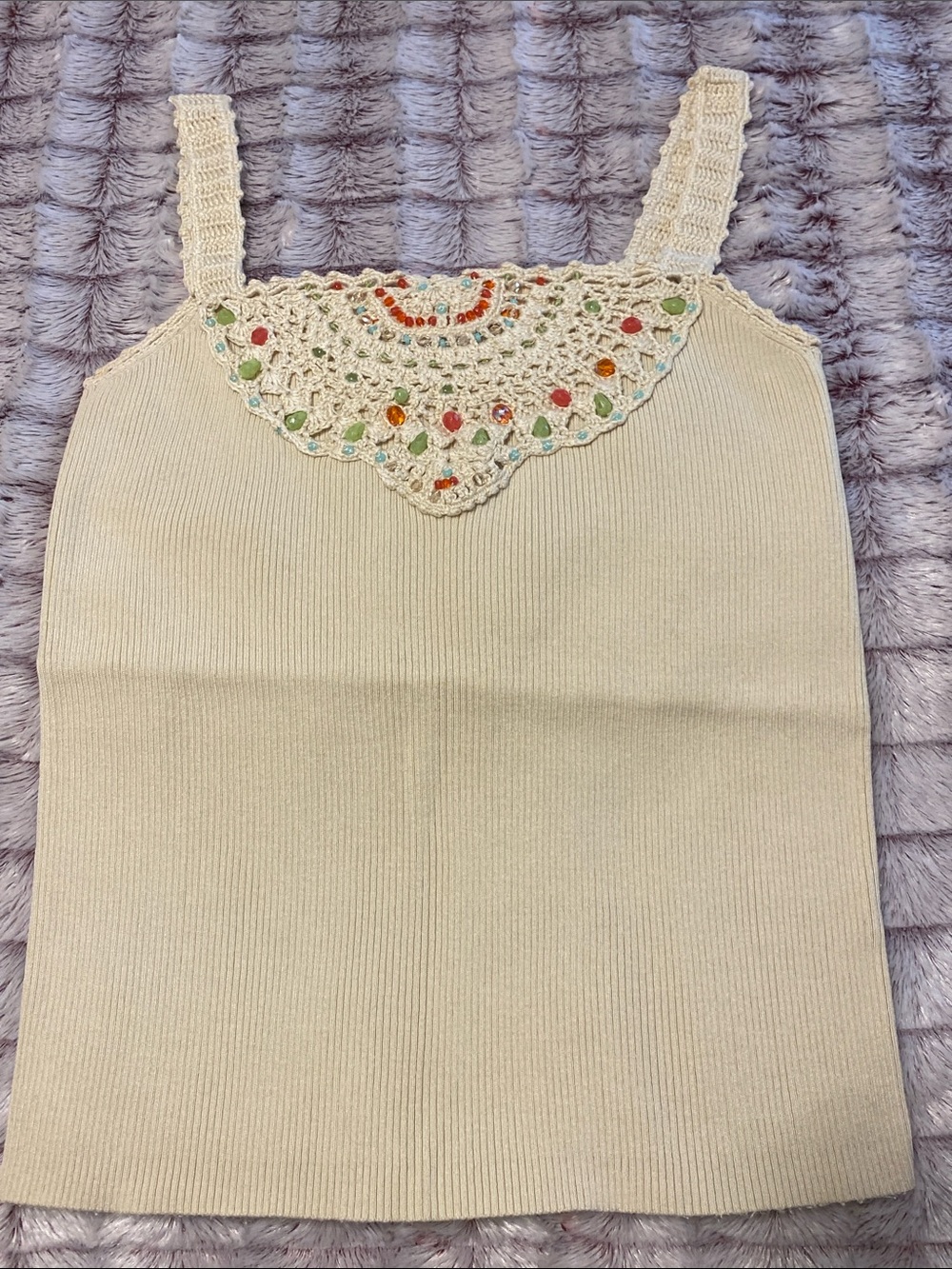 Cynthia Steffe Cream Ribbed Tank with Crocheted Beaded Bib